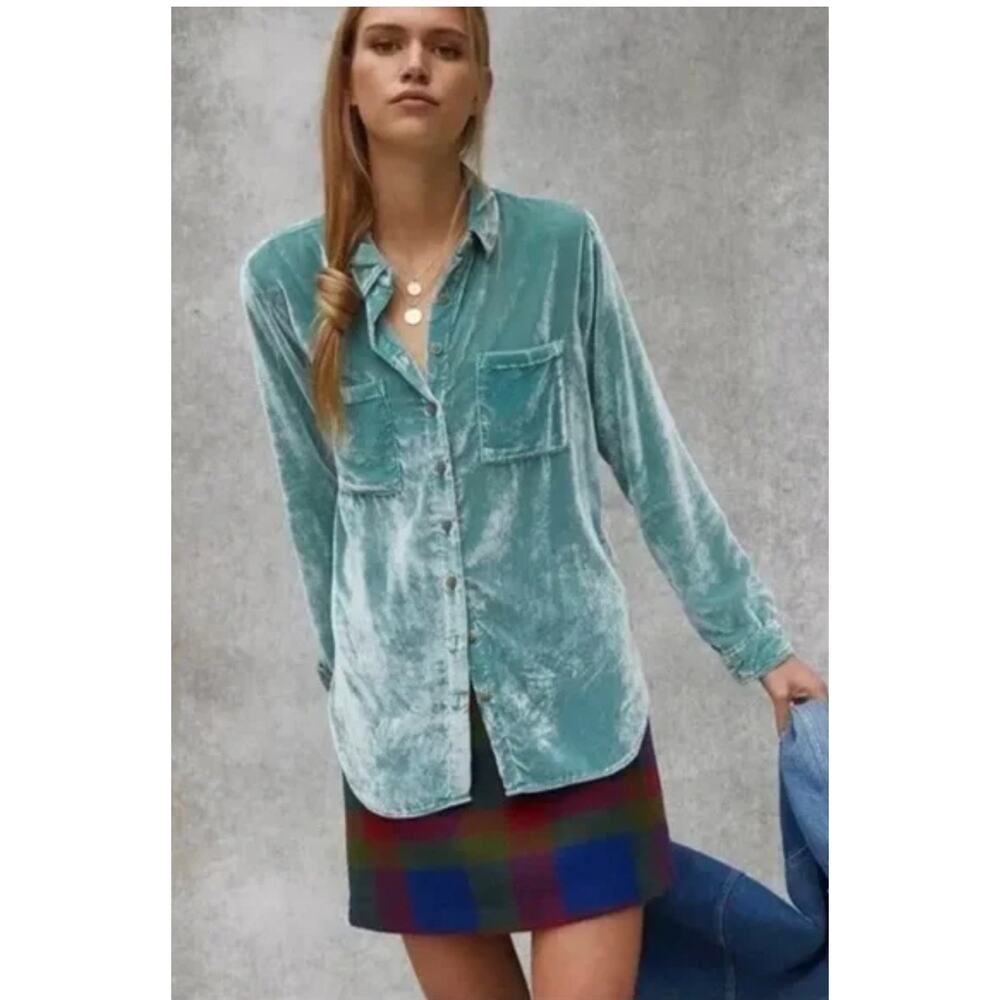 Anthropologie Pilcro Velvet Tourquoise Button Up Top US 2